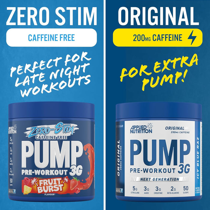 Applied Nutrition Pump Zero Pre Workout – Zero Stim Koffeinfreie Energie und Leistung (375 g – 50 Portionen) (Fruit Burst)