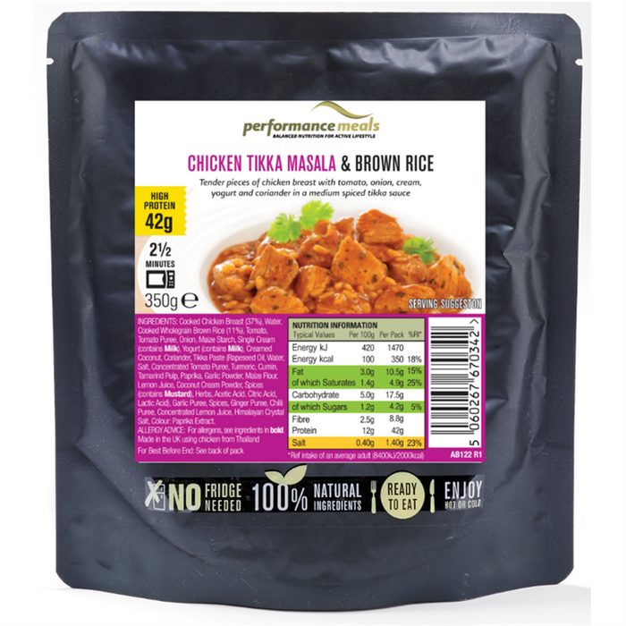 Performance Meals Protein-Mahlzeitbeutel 350 g Chicken Tikka Masala &amp; brauner Reis