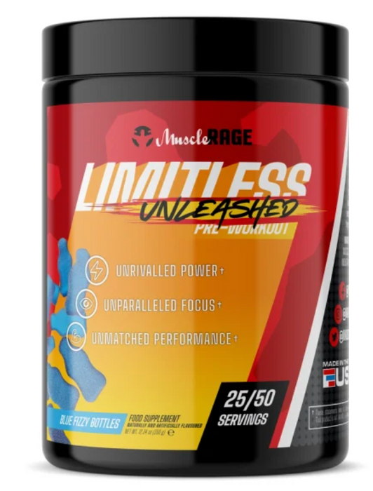 Muscle Rage Limitless Unleashed Pre-Workout by Muscle Rage: The Key to Unsurpassed Performance 350g - Blue Fizzy Bottles - Sports Supplements at MySupplementShop by Muscle Rage