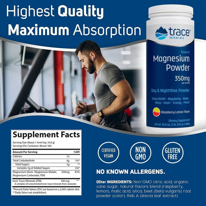 Trace Minerals Stress-X Magnesium Powder 350mg Raspberry-Lemon Flavour 480g | Premium Supplements at MYSUPPLEMENTSHOP