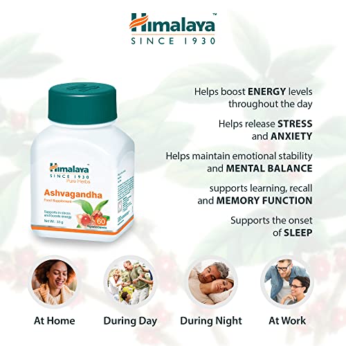 Himalaya Herbals Pure Herbs Ashvagandha Herbal Food Supplement | Helps Maintain a Healthy Balance and Healthy Sleep | Supports in Stress for Daily Dose of Energy - 60 Vegetarian Capsules | High-Quality Ginseng | MySupplementShop.co.uk