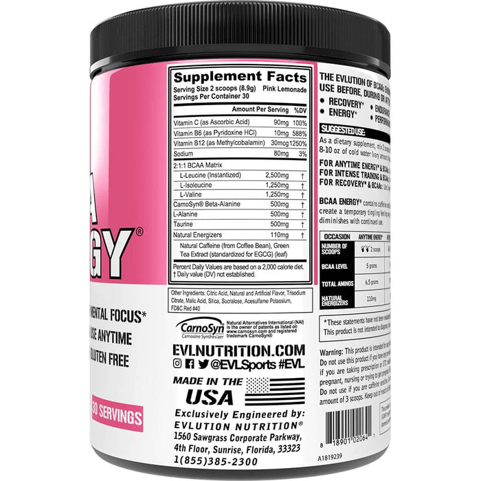 EVLution Nutrition BCAA Energy, Pink Lemonade - 267 grams | High-Quality Amino Acids and BCAAs | MySupplementShop.co.uk