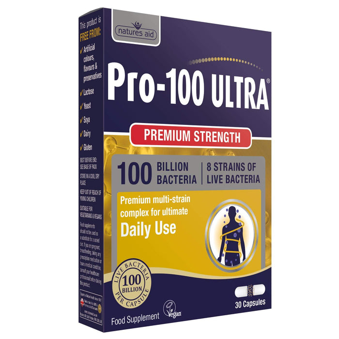 Natures Aid Pro-100 Ultra 8 Strain Complex 30 Caps - Sports Nutrition at MySupplementShop by Natures Aid