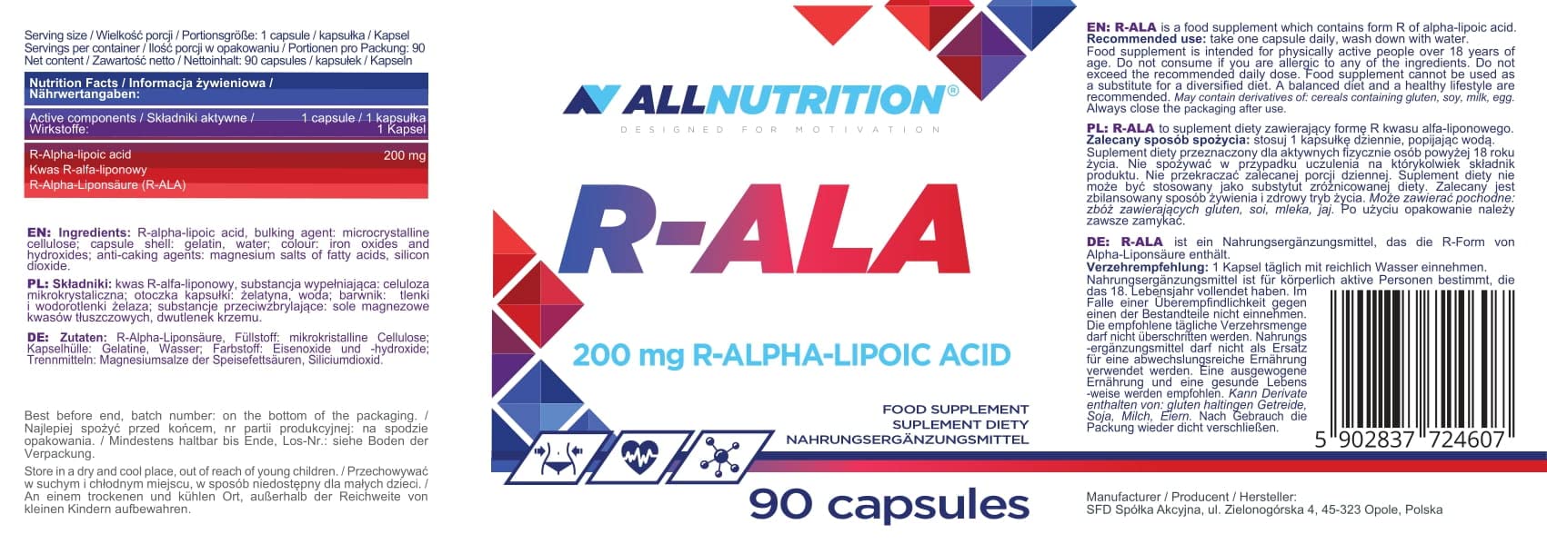 Allnutrition R-ALA, 200mg - 90 caps | High-Quality Vitamins, Minerals & Supplements | MySupplementShop.co.uk