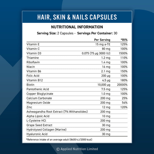 Applied Nutrition Hair, Skin & Nails 60Caps Unflavoured | High-Quality Hair and Nails | MySupplementShop.co.uk